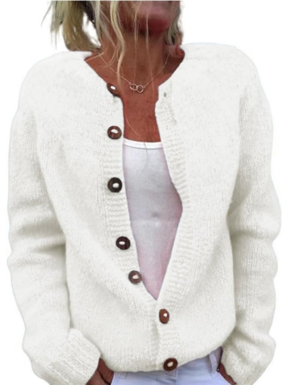 Women’s White Solid Chunky Knit Button Down Cardigan Sweater Top
